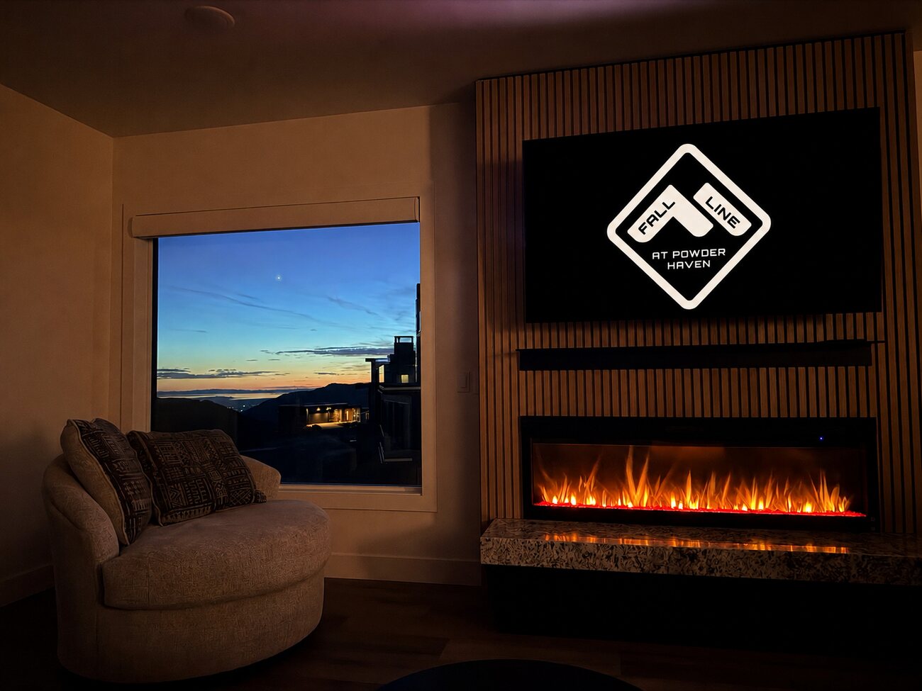 Living room fireplace at sunset
